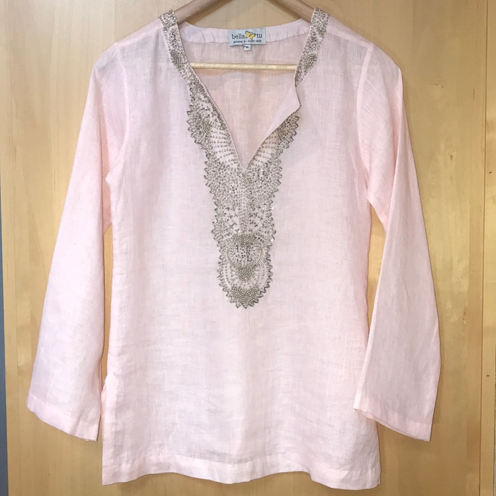 Bella-Tu linen blouse with intricate beaded embroidery